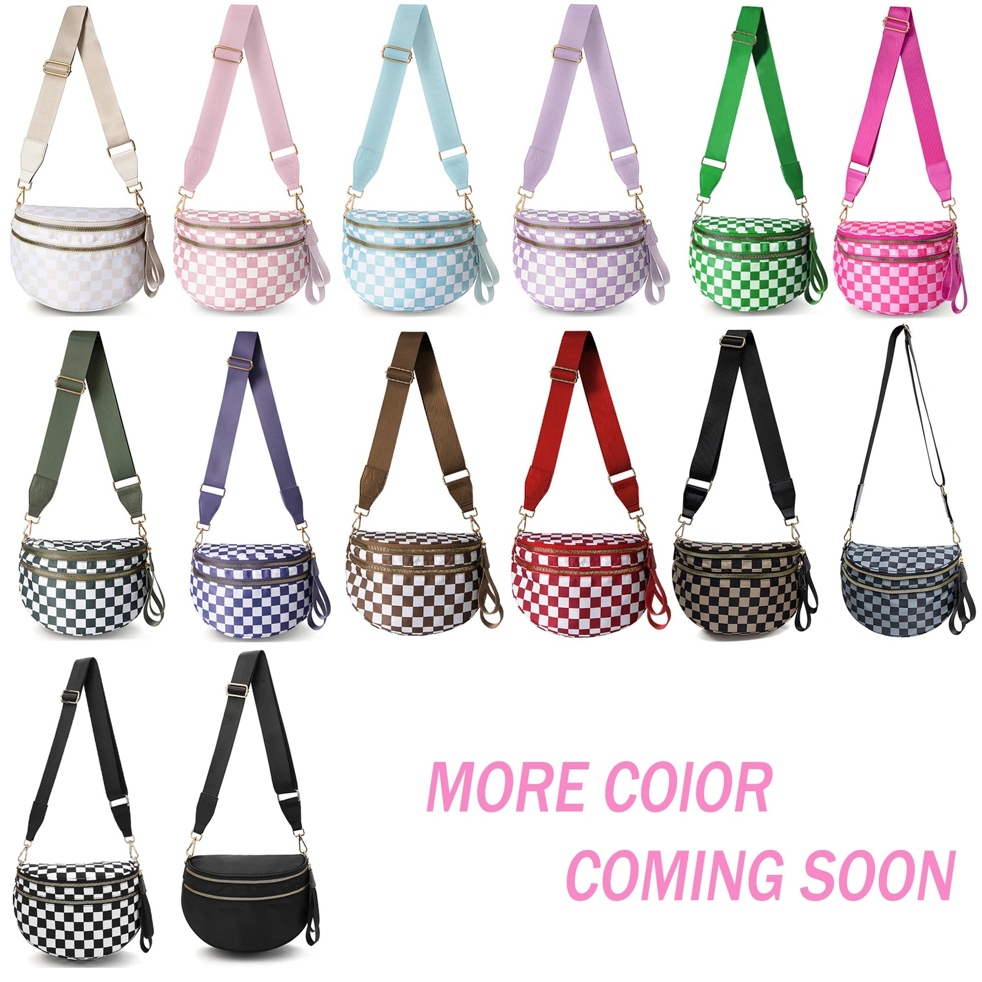 Übergroße, karierte Halbmond-Umhängetasche mit Doppelreißverschluss zum Einchecken